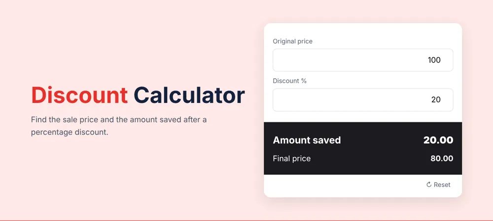 Discount Calculator showing a 20% discount on a price of 100: amount saved 20, final price 80
