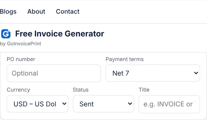 The payment terms setting in the GoInvoicePrint invoice generator, set to Net 7